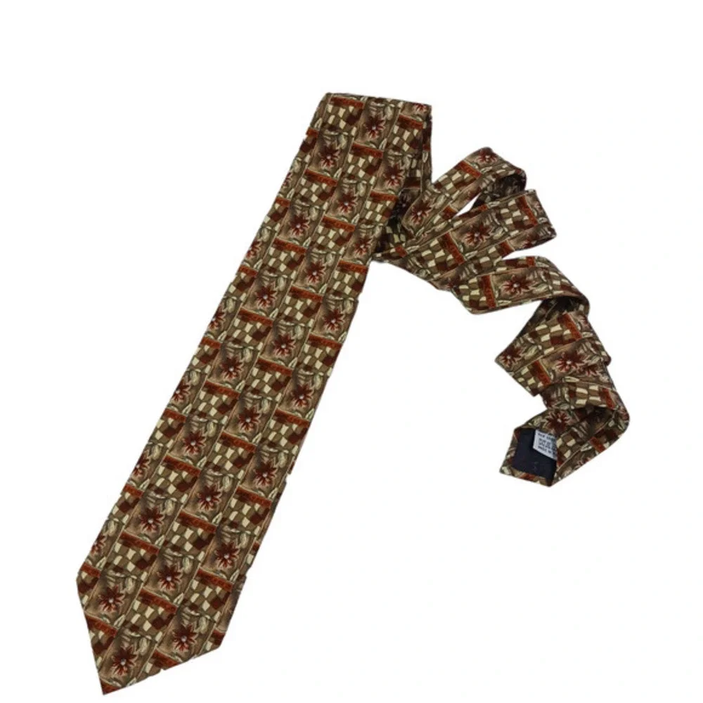 Vintage Escada Silk Neck Tie Made in Italy Brown Floral Geometric‎ 70s Designer